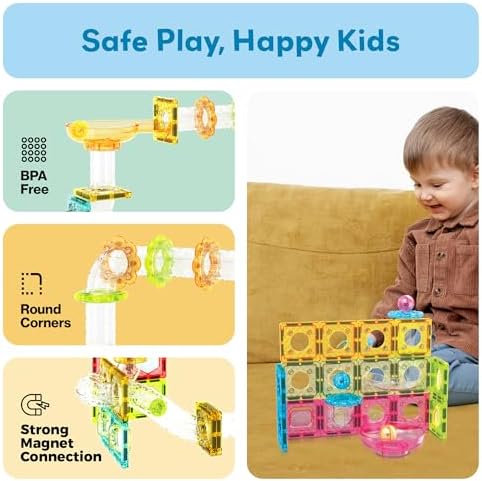 PicassoTiles 60 pc Magnet Tiles Building Block Travel Size Magnetic Marble Run Construction Toy Set Mini Diamond Marble RaceTrack Building Blocks Playset Education STEM Learning Kit Boy Girl 3+ PTMG60 - Image 6