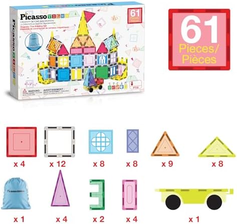 PicassoTiles Magnetic Tiles Toddler Toys Magnetic Building Blocks for Kids 61 Piece STEM Educational Toys for Girls & Boys Ages 3-12 Play for Preschool Learning Stocking Stuffer - Image 5