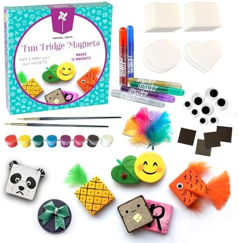 Pinwheel Crafts Magnetic Tile Art Kit Ages 6-12+ Years - Paint Your Own Magnetic Mini Tiles Includes 12 Tiles, Magnets, 8 Paints, Brush, Googly Eyes - DIY Magnet Making Kit for Kids by PinwheelCrafts
