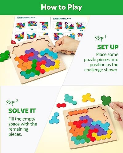 Coogam Wooden Tangram Puzzle, Color Shape Pattern Jigsaw Brain Teasers 3D Logic IQ Game Geometric Blocks Montessori STEM Educational Toys Gift for All Age - Image 3