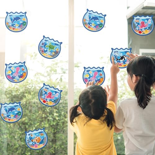 42PCS Summer Activities Crafts Bulk: Sea Animal Ocean Scene Paper Suncatchers, Under the Sea Party Fish Stickers DIY Kit School Classroom Decorations, Window Stained Glass Effect Art Supplies - Image 3