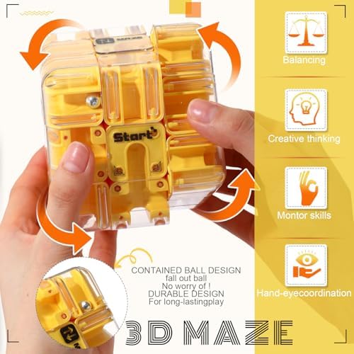 1 Sets Large Labyrinth 3D Maze Cube Puzzle Maze Game Gravity 3D Puzzle Cube Brain Teaser Ball Games for Kids Education Sensory Toys Gift for Adults (Classical,Yellow) - Image 3