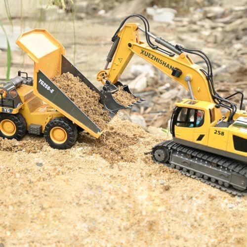 KidsFaves RC Dump Truck, 9CH Remote Control Dump Truck with Metal Dump Bed, 45° Lifting & 360° Rotation, 2 Batteries, Lights & Sounds, Construction Toy for Boys Age 3+ - Image 4