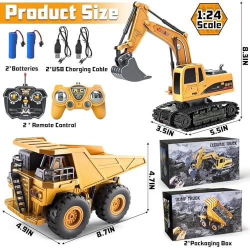 2 Pack Rc Construction Vehicles, Remote Control Excavator & Dump Truck Set - Image 2