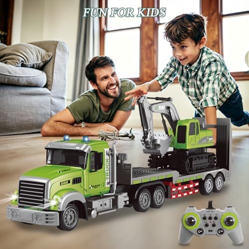 Fistone RC Semi-Trailer Truck & Excavator Toy Set, 1:12 Scale with Sound and Lights, 2.4Ghz Remote Control Flatbed Truck and Excavator Toys for Boys 6-12 Years Old - Image 3