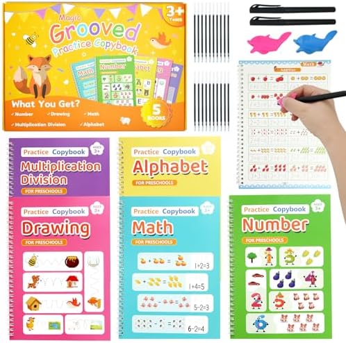 Elover Magic Grooved Writing Practice for Kid-Grooved Handwriting Practice for Kid 5-7 8-10- Magic Copybooks for KidsAges 3-5 Toys for Ages 5-7 Preschool Learning Activities (5 Book) by Elover