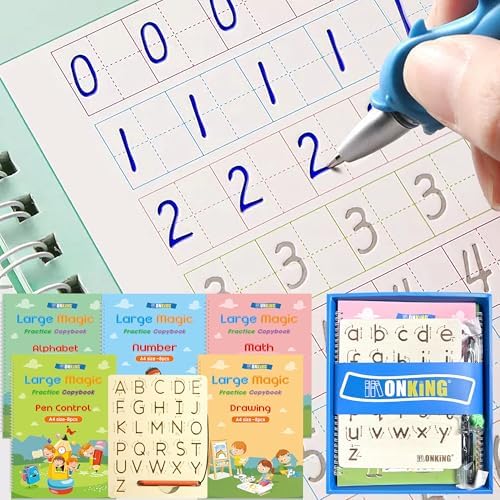 Large Handwriting Magic Grooved Practice Copybook Set: 5-Pack with Wooden Alphabet Tracing Board, Reusable Letter Learning Kit for Kid Age 3-8, Ideal for Kindergarten and Preschool Calligraphy Control by Monking