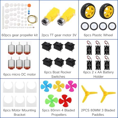 6 Sets DC Motors Kit Mini Electric Hobby Motor 3V-12V 25000RPM with 60PCS Plastic Gears, TT Motor, 2AA Battery Holder, Boat Rocker Switch, Shaft Propeller, Plastic Wheels for DIY Science Projects - Image 2