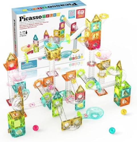 PicassoTiles 60 pc Magnet Tiles Building Block Travel Size Magnetic Marble Run Construction Toy Set Mini Diamond Marble RaceTrack Building Blocks Playset Education STEM Learning Kit Boy Girl 3+ PTMG60 by PicassoTiles