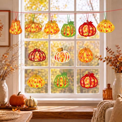 Renbuzhu 48PCS Fall Crafts Bulk: Pumpkin Paper Suncatchers DIY Kit for Autumn Thanksgiving Activities Decorations, Window Stained Glass Effect Art Supplies - Image 4