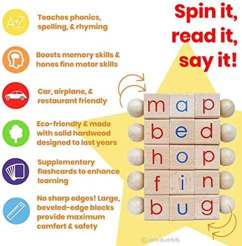 LITTLE BUD KIDS Spin-and-Read Montessori Phonetic Reading Blocks with CVC Phonics Flashcards for Beginner Readers, Montessori Reading Wooden Toys for 3 Years + - Image 2