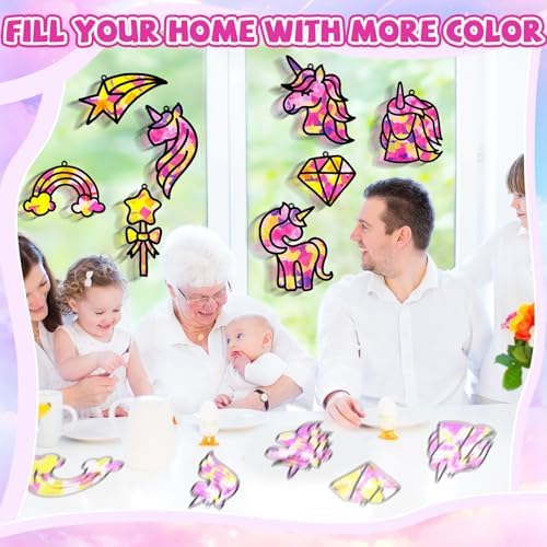 QOUBAI 32 Sets Unicorn Rainbow Suncatchers Craft Kit DIY Window Stained Glass Effect Diamond Star bow Paper Crafts Home School Classroom Decoration Kid Birthday Gift Creative Art Project Activity Game - Image 6