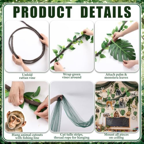 63 Pcs Back to School Jungle Safari Hanging Ceiling Decoration 24" x 13ft Green Banner Artificial Plant Vines Plant Leaf Garland Animal Cardboard Ornament with Rope for Class Party Decor - Image 3