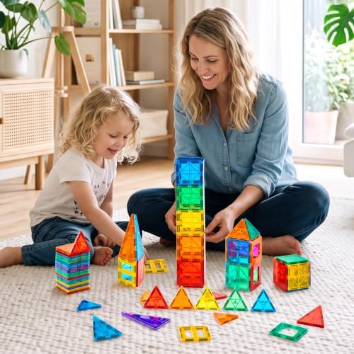 Gemmicc 100 PCS Magnetic Tiles with 2 Cars, Magnet Stacking Blocks Kids - Image 3
