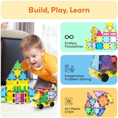 PicassoTiles Magnetic Tiles Toddler Toys Magnetic Building Blocks for Kids 61 Piece STEM Educational Toys for Girls & Boys Ages 3-12 Play for Preschool Learning Stocking Stuffer - Image 3