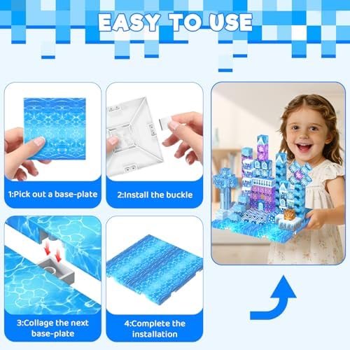 4PCS 4" x 4" Magnetic Building Block Base Plates for Kids, Strong Grip Magnetic blocks Base Compatible with Most Popular Magnetic Blocks & Cubes, STEM Educational Toys for Boys Girls Ages 3+ (Water） - Image 5