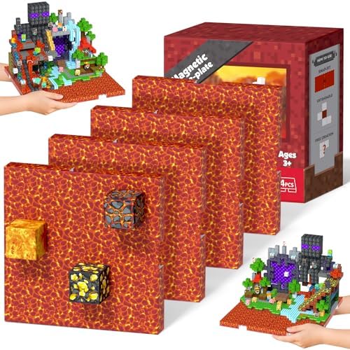 4PCS 4" x 4" Magnetic Building Block Base Plates for Kids, Strong Grip Magnetic Tiles Base Compatible with Most Popular Magnetic Blocks & Cubes, STEM Educational Toys for Boys Girls Ages 3+ (Lava) by GraceDuck
