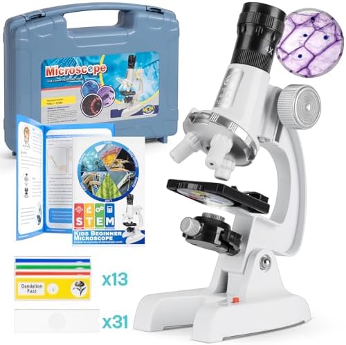 Uarzt Kids Beginner Microscope Science Kit with 100X-1200X, 13 Prepared Slides & DIY Blank Slides, 18MM HD Len, LED Light Adjustable and ABS Box, Microscope for Kids 5-7 8-12 by Uarzt