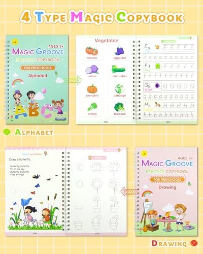 Magic Practice Copybook, Reusable Writing Practice Book, Handwriting Aid for Preschool Kids Age 3-8 (4 Books with Pens) - Image 5