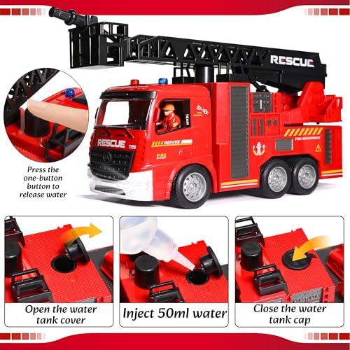 MQDMINI Remote Control Fire Truck Toy - Fireman Fire Truck with Jet Pump and Lights, Red Toy for 3 Year Old Boys, Girls and Toddlers - Image 4