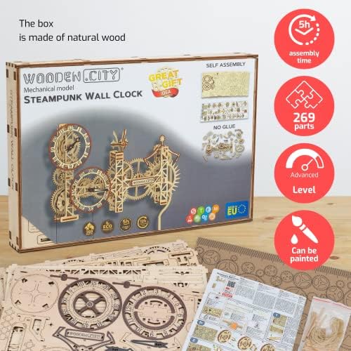 WOODEN.CITY Steampunk Wall Clock – 3D Wooden Clock Puzzle for Adults & Teens, Mechanical Pendulum Clock Building Kit with 257 Pieces - Image 4