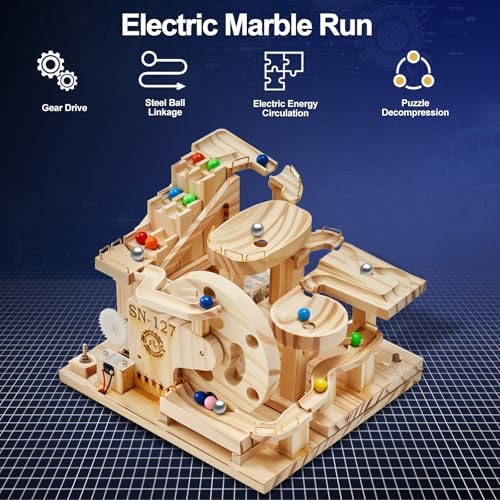 Losbenco Wooden Marble Run Electric Motorized, Electric Model Kit Marble Run Brain Teaser Wooden Puzzles Building Toy, 3D Wooden Puzzles for Adults and Kids to Build - Image 2
