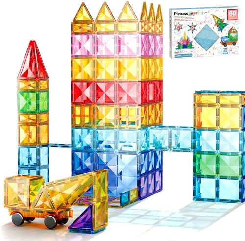 PicassoTiles 80 Piece Magnetic Tiles, STEM Building Set with Car, Ages 3+ - Image 2