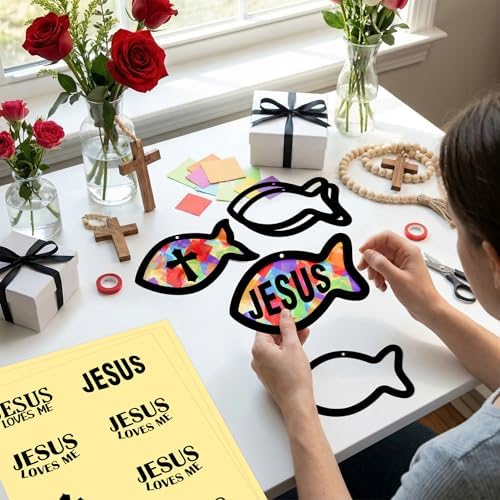 Renbuzhu 48PCS Sunday School VBS Crafts Bulk: Paper Jesus Fish Nativity Suncatchers, Religious Christian Activity DIY Kits Church Decorations, Window Stained Glass Effect Art Supplies - Image 6