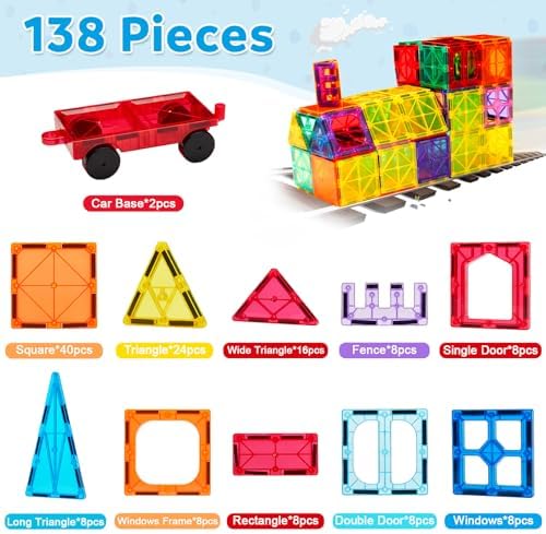 Ryoichi 138PCS Magnetic Tiles Set with 2 Cars, STEM Educational Construction Building Blocks & Montessori Learning Toys for Kids Ages 3-9+ Years (Pack of 3) - Image 2