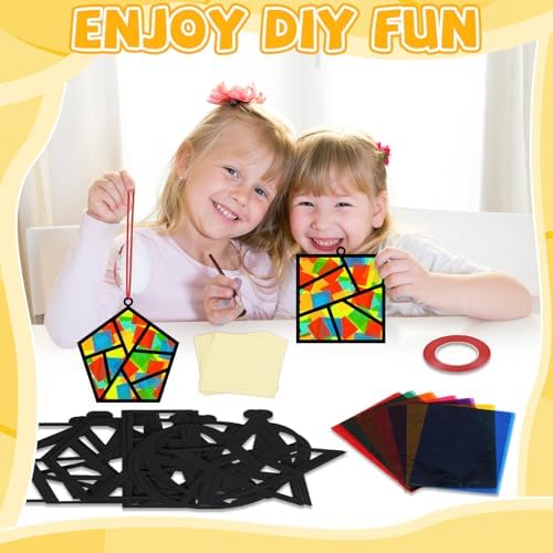 QOUBAI 32 Sets Back to School Geometric Recognition Suncatchers Craft DIY Window Stained Glass Effect Star Paper Crafts Home School Classroom Decor Kid Birthday Gift Creative Art Project Activity Game - Image 4