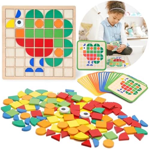 Montessori Tangram Educational, Geometric Shapes Puzzle Toys with 120Pcs Wooden Puzzle Blocks and 20Pcs Cards, Colorful Pattern Montessori Children's Educational Gifts for Kids Ages 3 and Up by Zycolo