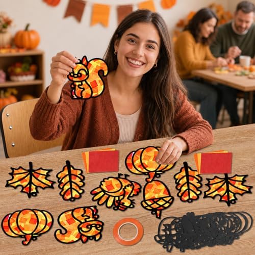 Qyeahkj 36 Set Fall Suncatchers Crafts for Kids DIY Autumn Leaf Pumpkin Acorn Squirrel Window Tissue Paper Craft Kit Hanging Decor for Home Activity Art Project Birthday Party Favor Gift - Image 5
