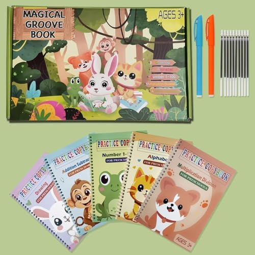 Magic Grooved Practice Copybook 5 Pack with Pens, Groove Reusable Magical Handwriting Workbooks, Tracing Letters Numbers, Math, Kindergarten Sight Words for Kids Ages 3-8 for Preschool(5books+Pens） - Image 2