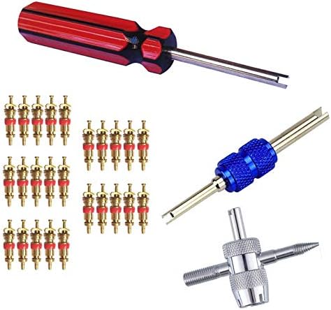 FEBRYTOLD 3 Pcs Tire Valve Core Remover Tools with 25 Pcs Brass Valve Stem Cores, 4-Way Valve Stem Core Tool, Dual & Single Head Tire Valve Core Remover Installer Tools by FEBRYTOLD