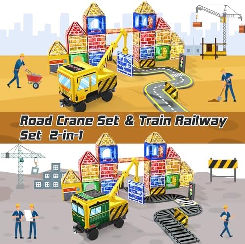 Magnetic Tiles with 2 Cranes, Magnetic Construction Toys STEM Building Toys - Image 4