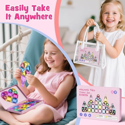 WMXDU 42-Piece Glitter Magnetic Tiles Travel Set with Pink Metal Box - Portable STEM Building Blocks for Kids Ages 3-8 Boys & Girls STEM Montessori Educational Toys for Airplane Car Rides - Image 2