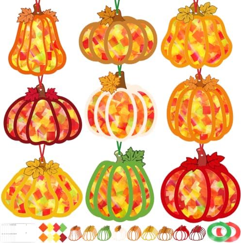 Renbuzhu 48PCS Fall Crafts Bulk: Pumpkin Paper Suncatchers DIY Kit for Autumn Thanksgiving Activities Decorations, Window Stained Glass Effect Art Supplies by Renbuzhu