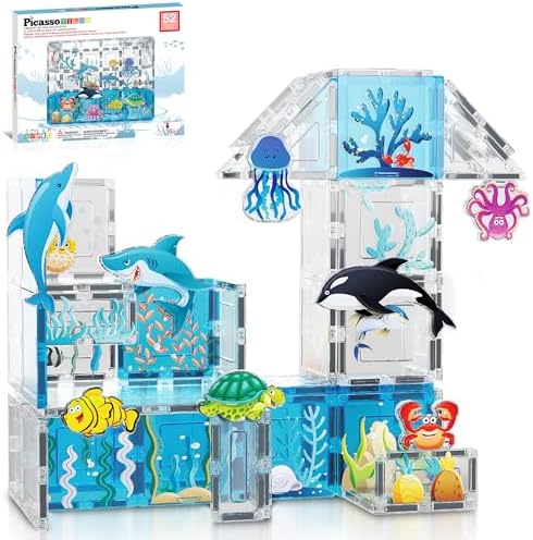 PicassoTiles 52 PCS Magnetic Tiles Ocean Animal STEM Set 8 Figures Ages 3+ by PicassoTiles