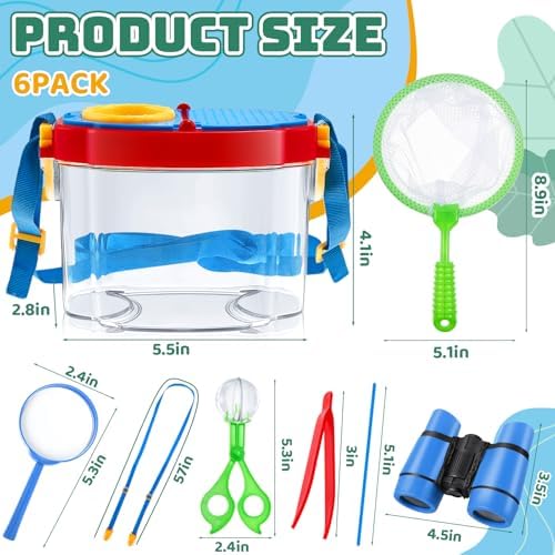 VioraWhite 6 Sets Bug Catcher Kit for Kids Outdoor Explorer Kit Summer Bug Collection Kit with Kids Binoculars Butterfly Net Magnifying Glasses Tweezers Bug Observation Containers with Shoulder Strap - Image 2