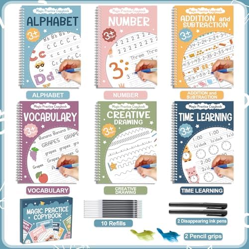 party greeting 6 Pieces Magic Grooved Writing Practice Copybook with Disappearing Ink Pens Reusable Grooved Handwriting Workbook Letter Tracing Books for Kids Kindergarten Preschool Supplies - Image 3