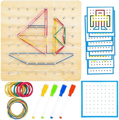 HEELWIRE Wooden Geoboard, Montessori Educational Toy for Kids with Pattern Cards and Rubber Bands to Figures and Shapes, Brain Teaser STEM Geo Board by HEELWIRE