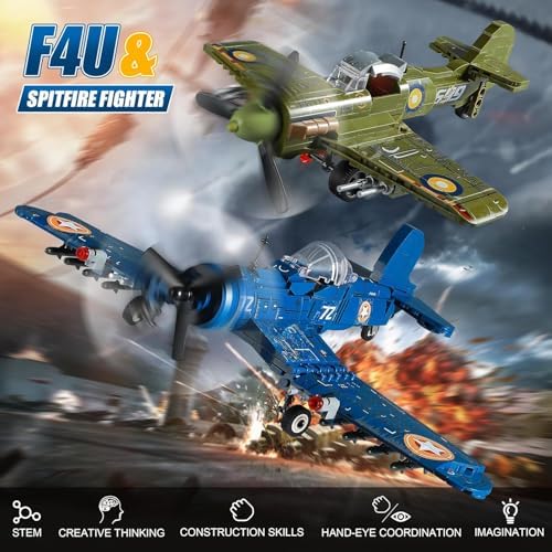 WW2 Military Plane Building Sets - US F4U & Spitfire Fighter Jet Model Toys - Image 2