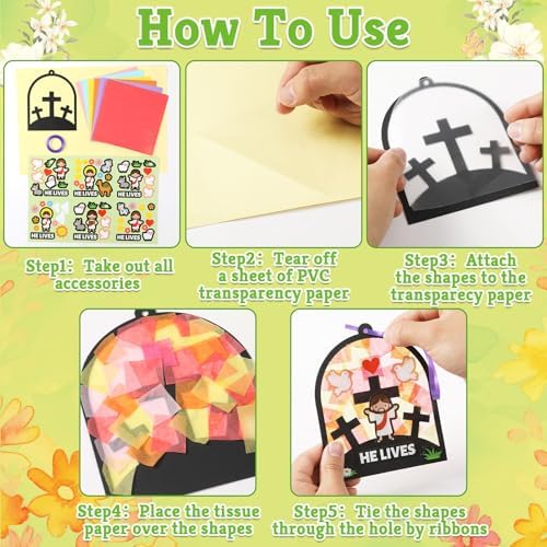 Qyeahkj 36 Set Easter Jesus Cross Suncatchers Crafts for DIY Christian Religion Cross Window Tissue Paper Craft Kit Hanging Decor for Home Activity Art Project Birthday Party Favor - Image 4