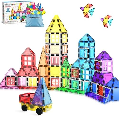 PicassoTiles Magnetic Tiles Toddler Toys Magnetic Building Blocks for Kids 61 Piece STEM Educational Toys for Girls & Boys Ages 3-12 Play for Preschool Learning Stocking Stuffer by PicassoTiles