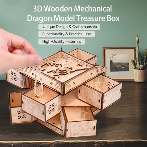 3D Wooden Puzzles for Adults - Mechanical Dragon Treasure Chest Model Kit, DIY Engineering Project, Unique Gift for Women, Collectible Art and Home Display - Image 2