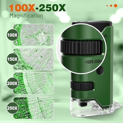 100x-250x Pocket Microscope for Kids Adults, Protable Handheld Miniscope, Mini Microscope Kit for Kids Adults Home School Lab Biology Science Education, Green - Image 2