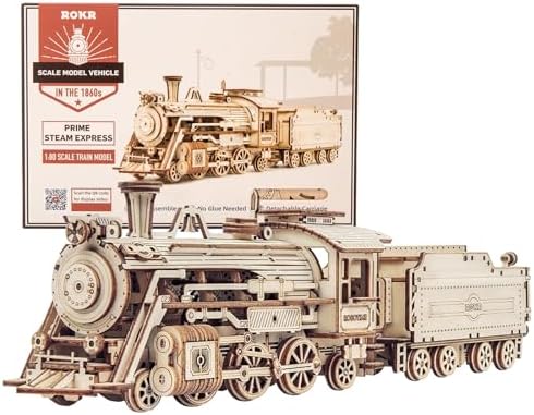 ROKR 3D Wooden Puzzle for Adults Mechanical Car Model-DIY Building Vehicle Kits-Brain Teaser Toys-Gift for Men Women on Birthday/Christmas Day (Steam Train Model with Carriage) by ROKR-InterestingSmartPuzzleToys