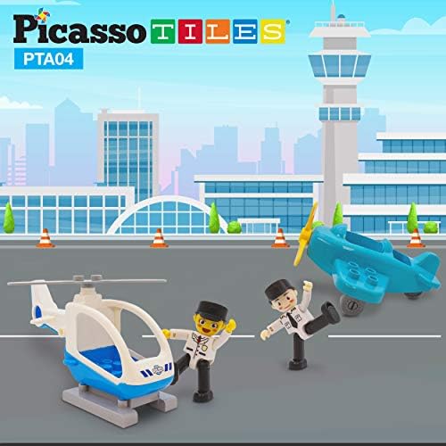 PicassoTiles Magnetic Figures 4 Piece Aircraft and Action Figure Magnet Airplane and Helicopter Expansion Pack Toddler Toy Set Educational Learning Kit Pretend Playset for Construction Building Block - Image 3