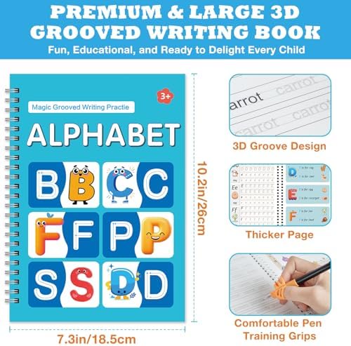 Magic Grooved Writing Practice Book for Kids Ages 3–8, 6 Reusable Handwriting Practice Books with 6 Pens, 12 Refills, 3 Soft Grips, Preschool Learning Activities Gifts for Boys and Girls - Image 4