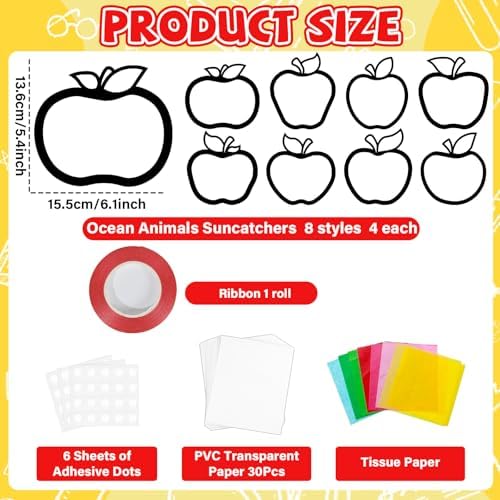 QOUBAI 32 Sets Apple Suncatchers Craft Kit DIY Window Stained Glass Effect Fall Apples Paper Craft for Home School Classroom Decor Kid Birthday Gifts Creative Art Projects Activity Game - Image 2
